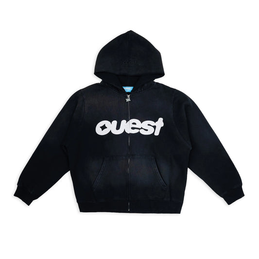 HOODIE ZIP-UP “OUEST” - NOIR WASHED