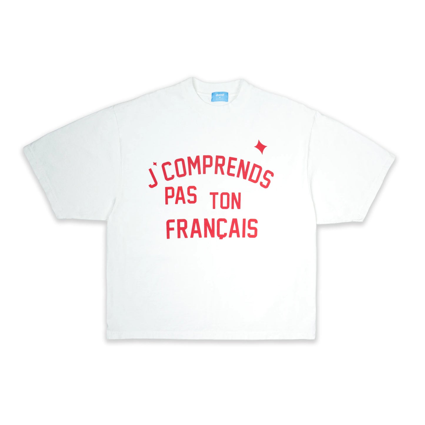 T-SHIRT BOXY OVERSIZED "J'COMPRENDS PAS TON FRANÇAIS" - BLANC ET ROUGE
