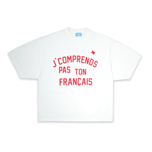 T-SHIRT BOXY OVERSIZED "J'COMPRENDS PAS TON FRANÇAIS" - BLANC ET ROUGE